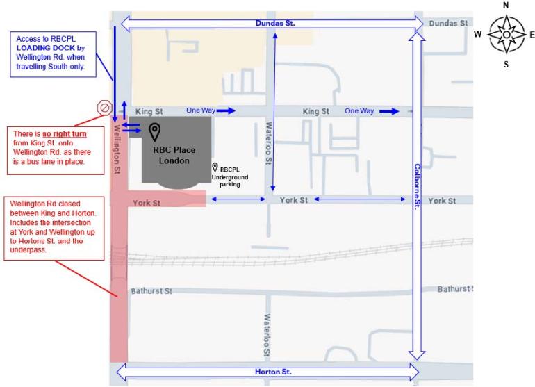 Construction Map of RBC Place London and surrounding area. note that york and wellington intersection is closed.