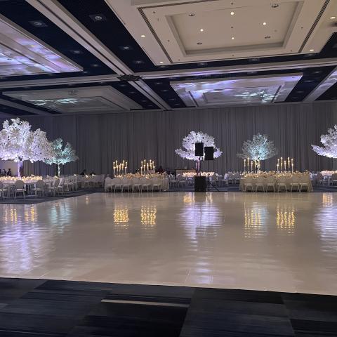 Ballroom set for wedding reception