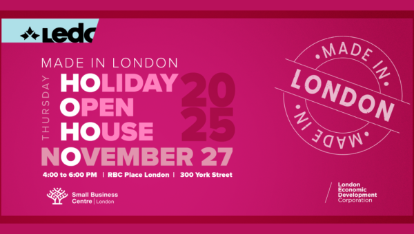 pink banner with white text, LEDC presents Made in London Holiday Open House at RBC Place london on November 27